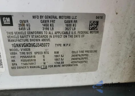 2016 Chevrolet Traverse Lt z USA, uszkodzony, nr VIN 1GNKVGKD9GJ345977